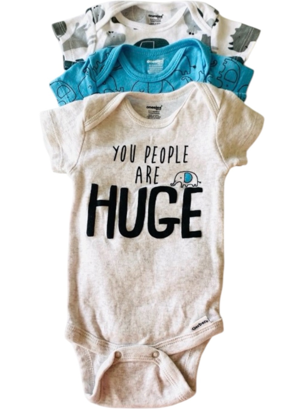 Onesies Baby Bodysuits Unisex Set of  3 Short Sleeve Elephants 0-3 months Cotton